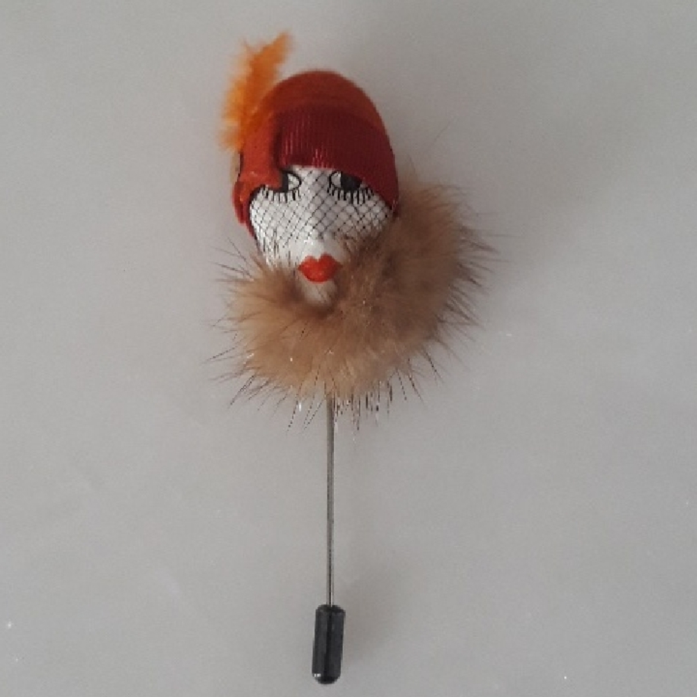 Vintage Beautiful French Flapper Stick Pin Brooch 1970s Collectible Hand painted